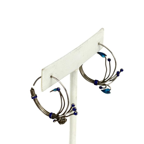 Vintage Silver & Blue Artistic Enamel Hoop Earrings With Abstract Design Tribal - Picture 9 of 10